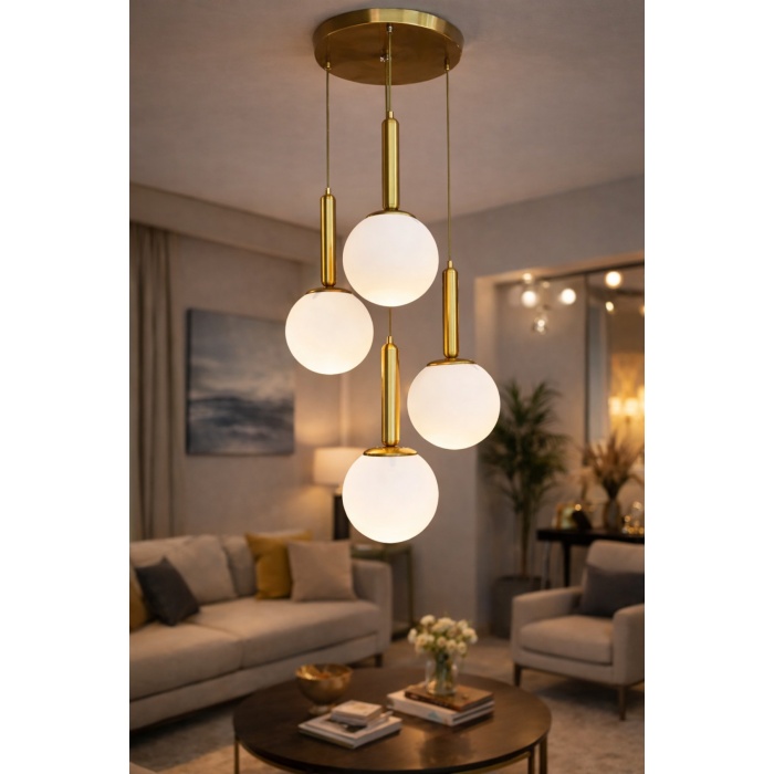 Orbita 4 Gold Cam Sarkıt Avize – 4’lü Opal Küre, Modern Yemek Masası Aydınlatma