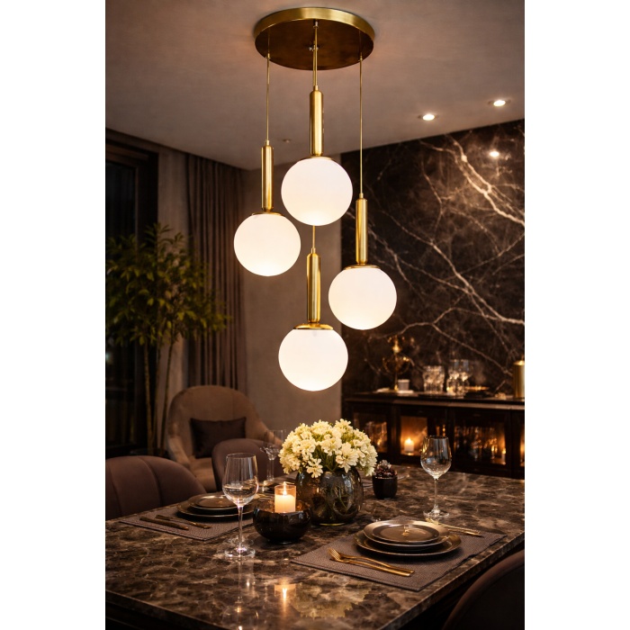 Orbita 4 Gold Cam Sarkıt Avize – 4’lü Opal Küre, Modern Yemek Masası Aydınlatma