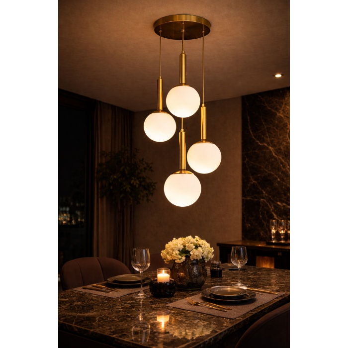 Orbita 4 Gold Cam Sarkıt Avize – 4’lü Opal Küre, Modern Yemek Masası Aydınlatma