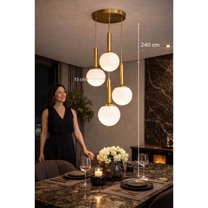 Orbita 4 Gold Cam Sarkıt Avize – 4’lü Opal Küre, Modern Yemek Masası Aydınlatma