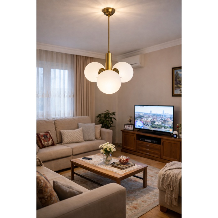 Mirello 3L Gold Cam Küre Sarkıt Avize – Modern Salon Aydınlatma