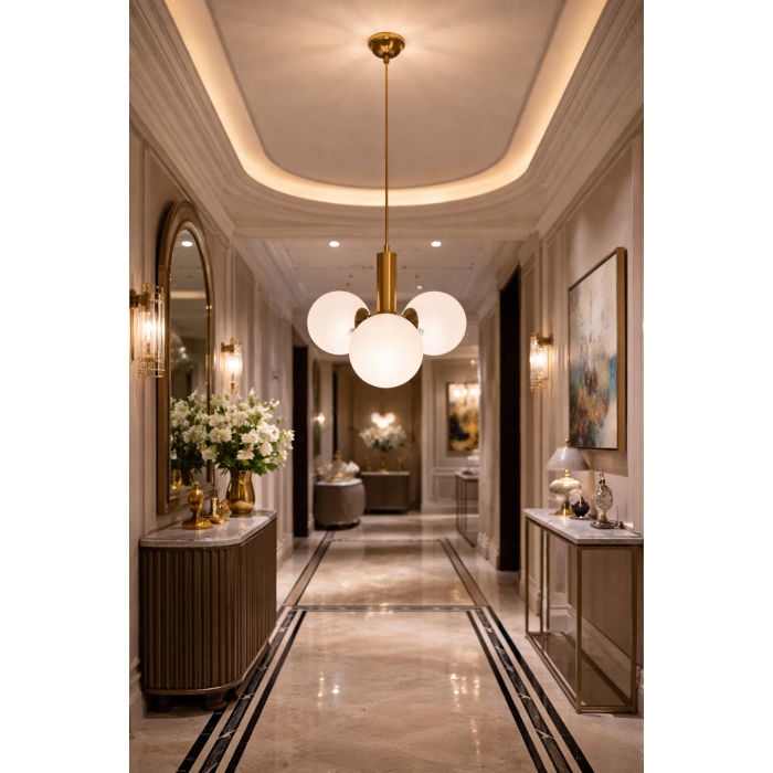 Mirello 3L Gold Cam Küre Sarkıt Avize – Modern Salon Aydınlatma