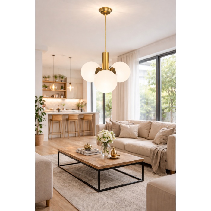 Mirello 3L Gold Cam Küre Sarkıt Avize – Modern Salon Aydınlatma
