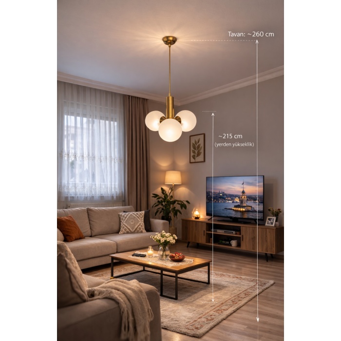 Mirello 3L Gold Cam Küre Sarkıt Avize – Modern Salon Aydınlatma