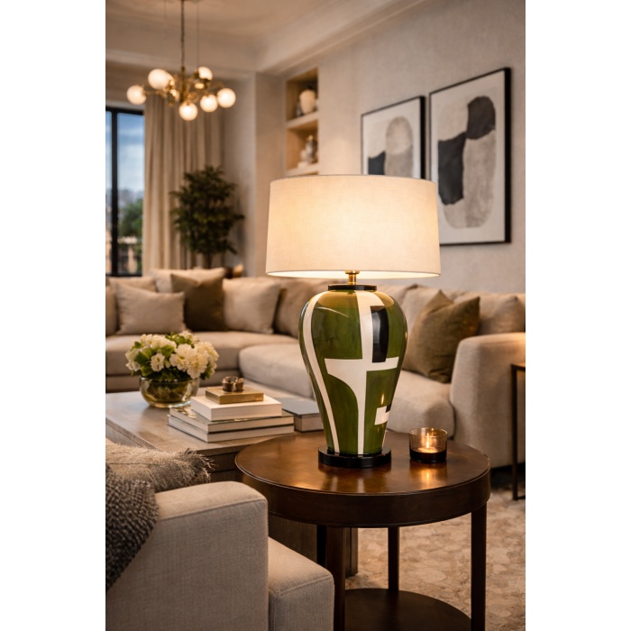 Luxury Verde Cross El Yapımı Seramik Abajur – Modern & Art Deco Salon Aydınlatması