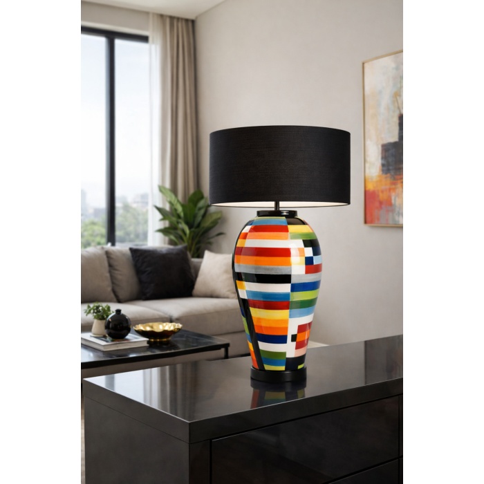 Luxury El Yapımı Mozaik Seramik Abajur – 65 cm | E27, Siyah Şapka Premium Salon Aydınlatması