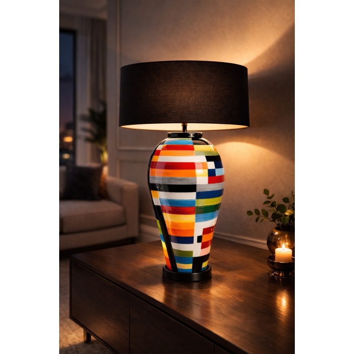 Luxury El Yapımı Mozaik Seramik Abajur – 65 cm | E27, Siyah Şapka Premium Salon Aydınlatması