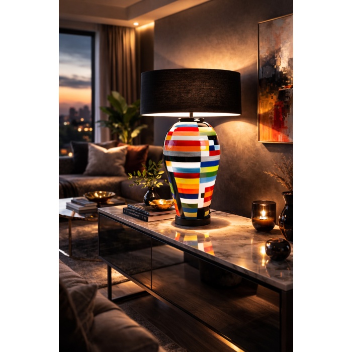 Luxury El Yapımı Mozaik Seramik Abajur – 65 cm | E27, Siyah Şapka Premium Salon Aydınlatması