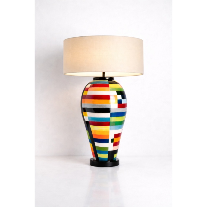 Luxury El Yapımı Mozaik Seramik Abajur – 65 cm | E27, Krem Şapka Premium Salon Aydınlatması