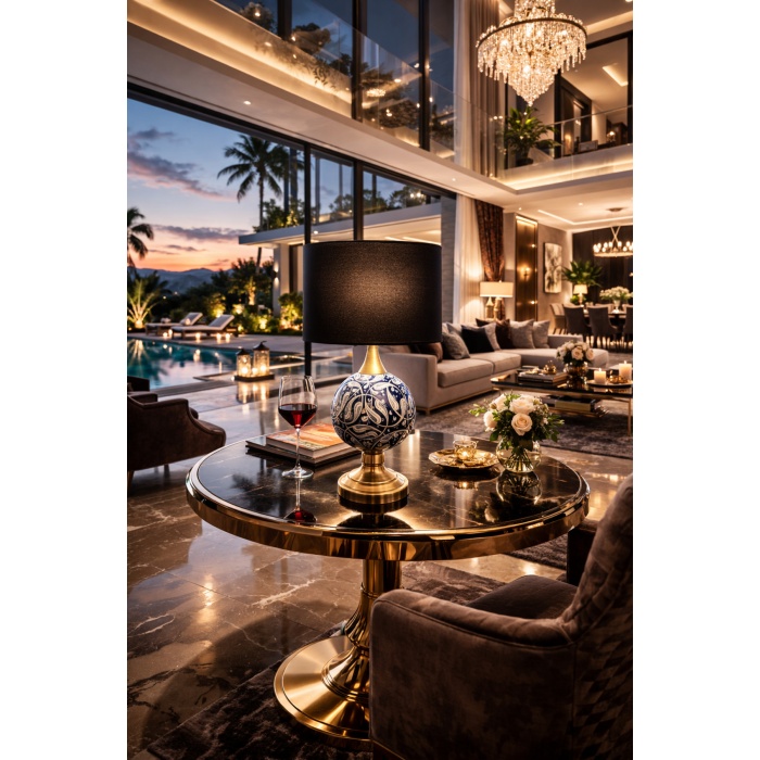 Luxury Pirinç Seramik Abajur 50 cm – El Yapımı Lacivert Desenli, Siyah Şapkalı Masa Lambası