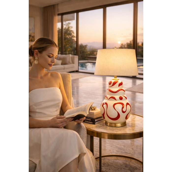 Luxury El Yapımı Seramik Desenli Abajur – Krem Silindir Şapka Villa Lüks Salon Aydınlatma