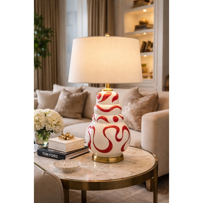 Luxury El Yapımı Seramik Desenli Abajur – Krem Silindir Şapka Villa Lüks Salon Aydınlatma