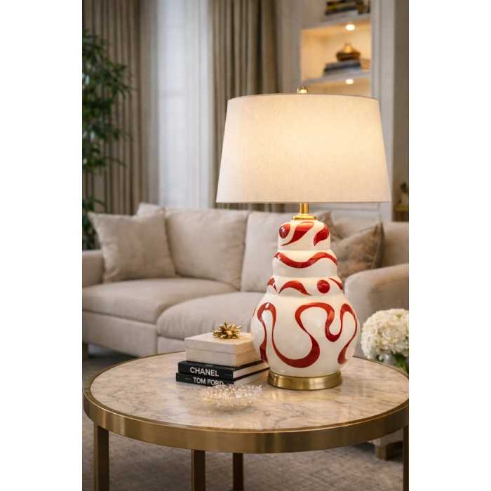 Luxury El Yapımı Seramik Desenli Abajur – Krem Silindir Şapka Villa Lüks Salon Aydınlatma