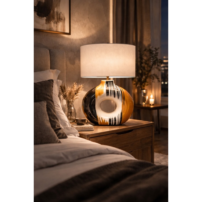 Luxury Aura Halo Handmade El Yapımı Seramik Abajur – Krem Silindir Şapkalı, E27, 55 cm