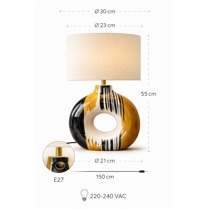 Luxury Aura Halo Handmade El Yapımı Seramik Abajur – Krem Silindir Şapkalı, E27, 55 cm