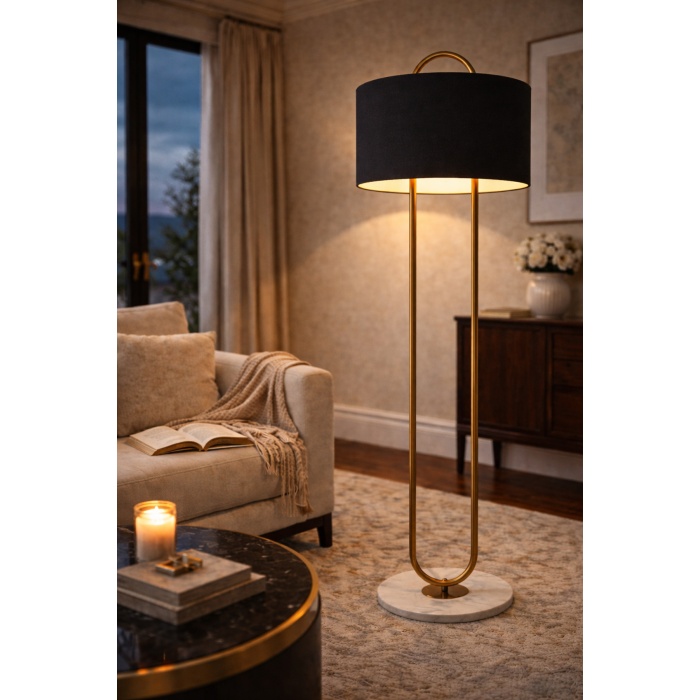 NOXERA Eskitme Mat Gold Art Deco Lambader – Siyah Kumaş Şapkalı, Mermer Tabanlı