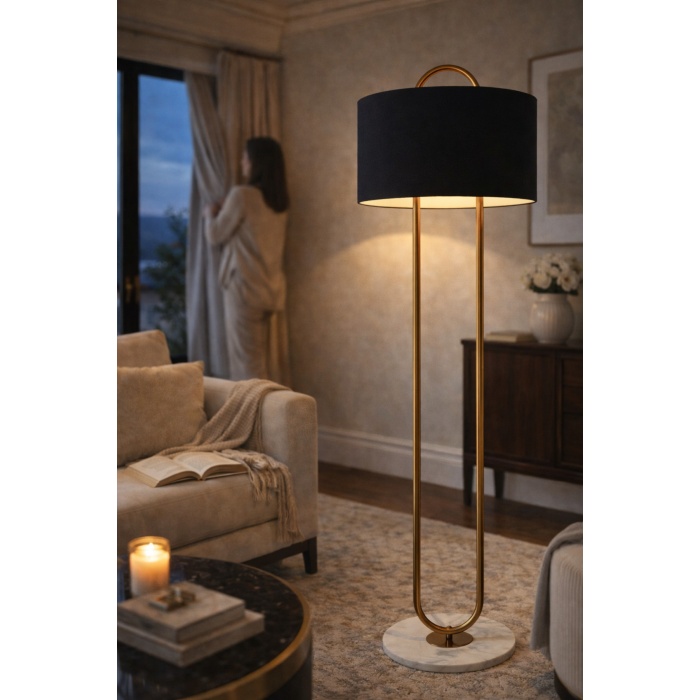 NOXERA Eskitme Mat Gold Art Deco Lambader – Siyah Kumaş Şapkalı, Mermer Tabanlı