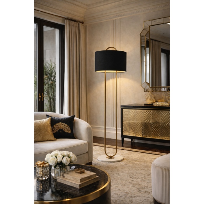 NOXERA Eskitme Mat Gold Art Deco Lambader – Siyah Kumaş Şapkalı, Mermer Tabanlı