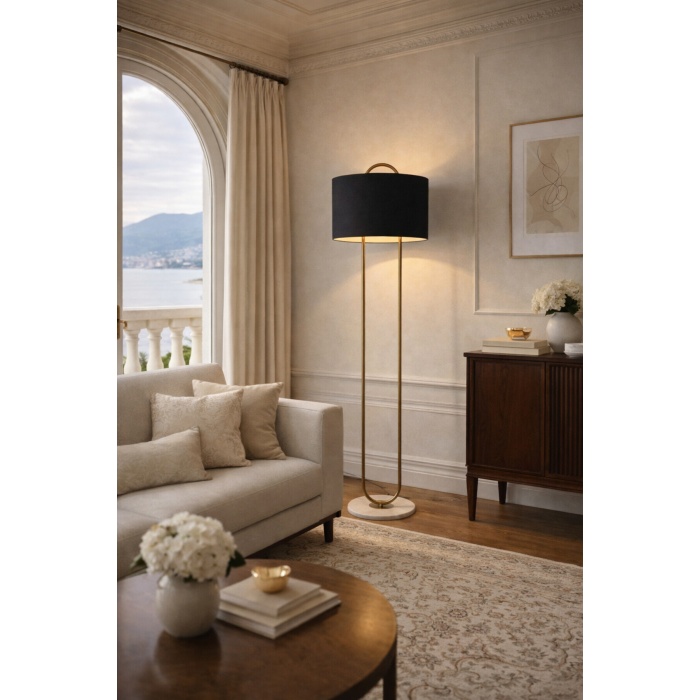 NOXERA Eskitme Mat Gold Art Deco Lambader – Siyah Kumaş Şapkalı, Mermer Tabanlı