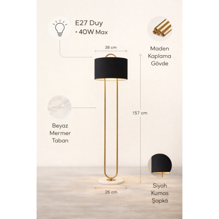 NOXERA Eskitme Mat Gold Art Deco Lambader – Siyah Kumaş Şapkalı, Mermer Tabanlı