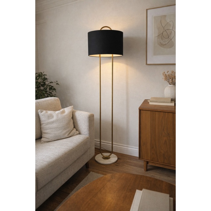 NOXERA Eskitme Mat Gold Art Deco Lambader – Siyah Kumaş Şapkalı, Mermer Tabanlı