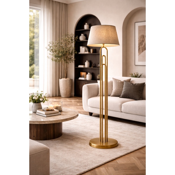 Orion Pirinç Renk Lambader | Modern Metal Gövde, Keten Şapka, Ø40 cm