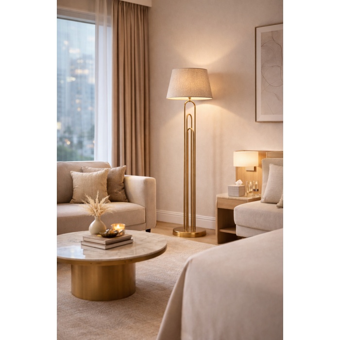 Orion Pirinç Renk Lambader | Modern Metal Gövde, Keten Şapka, Ø40 cm