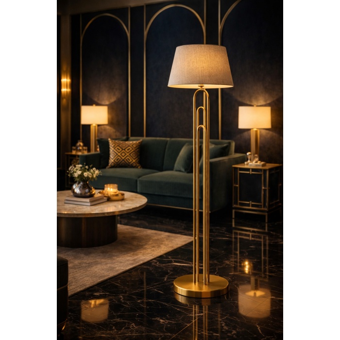 Orion Pirinç Renk Lambader | Modern Metal Gövde, Keten Şapka, Ø40 cm