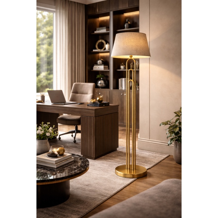 Orion Pirinç Renk Lambader | Modern Metal Gövde, Keten Şapka, Ø40 cm