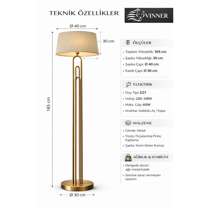 Orion Pirinç Renk Lambader | Modern Metal Gövde, Keten Şapka, Ø40 cm