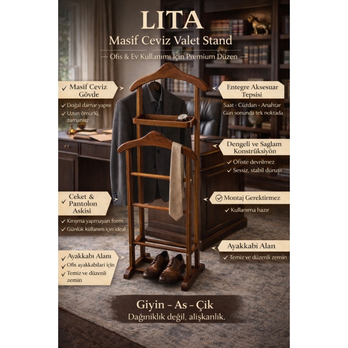 LITA Masif Ceviz Valet Stand | Uşak Standı & Premium Kıyafet Düzenleyici