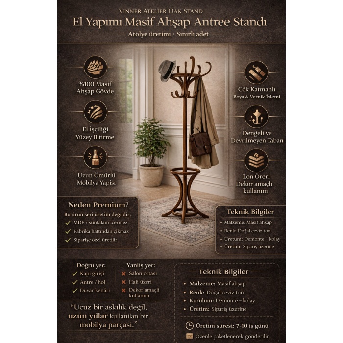 Oak Stand Premium Masif Ahşap Askılık – Antre & Giriş Holü İçin Şık Askı Standı