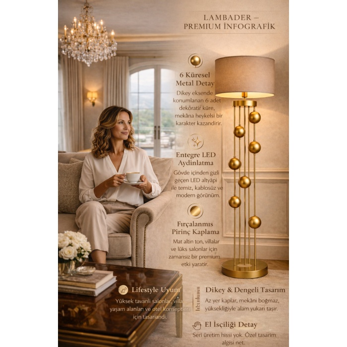 Clichy 6 Top Pirinç Lambader – Entegre LED, Seçkin Yaşam Alanları İçin Premium Tasarım