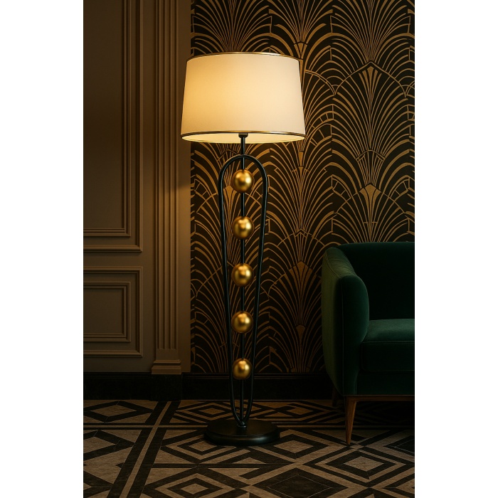 Orbis Gold Krem Şapkalı Gold Detaylı Siyah Modern Metal Lambader