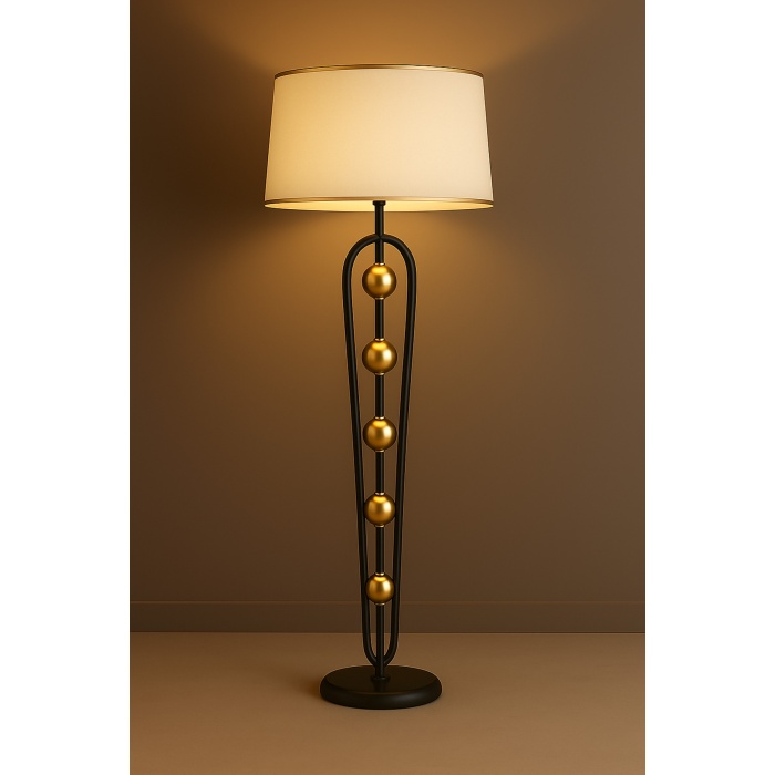 Orbis Gold Krem Şapkalı Gold Detaylı Siyah Modern Metal Lambader