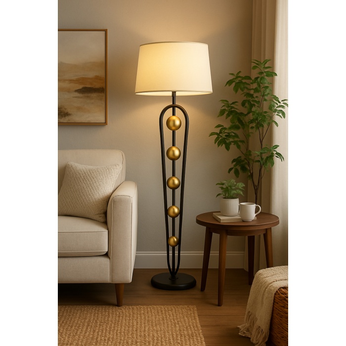 Orbis Gold Krem Şapkalı Gold Detaylı Siyah Modern Metal Lambader