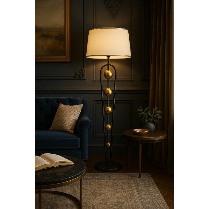 Orbis Gold Krem Şapkalı Gold Detaylı Siyah Modern Metal Lambader