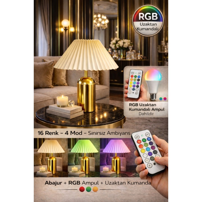 AURA Gold Metal Kırma Başlıklı Abajur Salon Yatak Odası