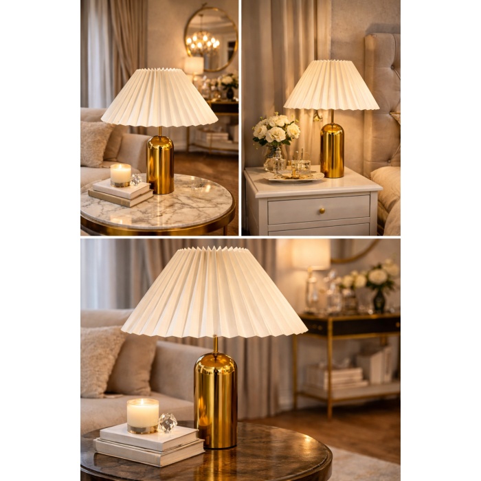 AURA Gold Metal Kırma Başlıklı Abajur Salon Yatak Odası