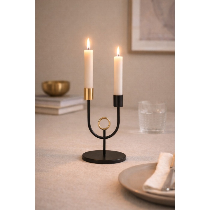 Deco Rings Siyah Gold Art Deco Metal Şamdan Mumluk 2 Mumlu Dekoratif Masa Üstü
