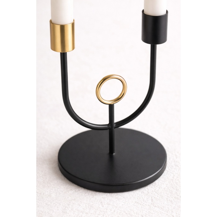 Deco Rings Siyah Gold Art Deco Metal Şamdan Mumluk 2 Mumlu Dekoratif Masa Üstü