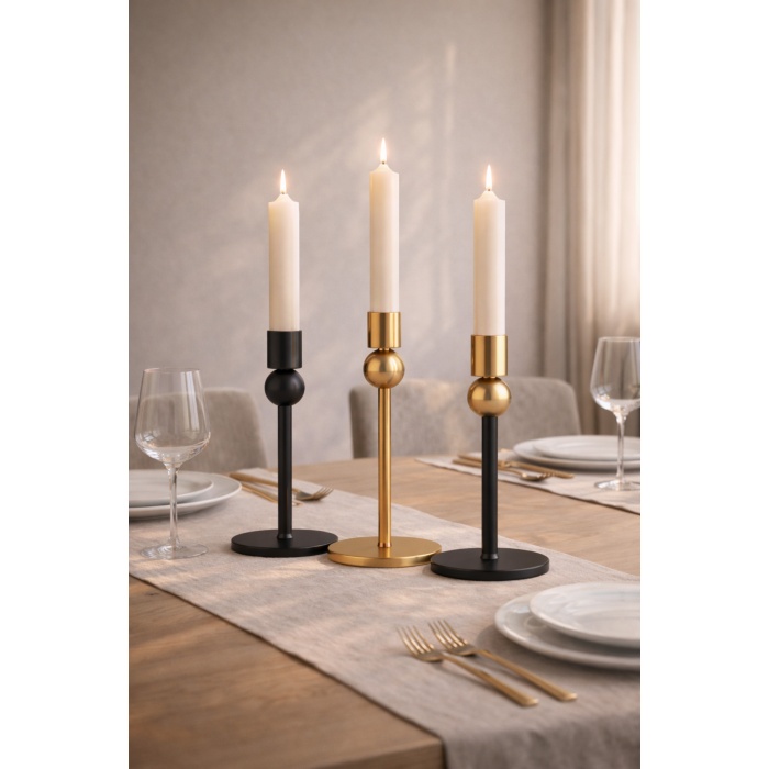 Sphere Stand 3’lü Art Deco Metal Şamdan Seti – Siyah & Gold – Modern Dekoratif Mumluk