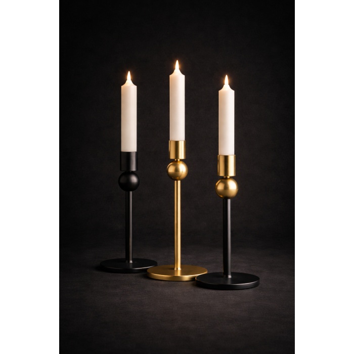 Sphere Stand 3’lü Art Deco Metal Şamdan Seti – Siyah & Gold – Modern Dekoratif Mumluk