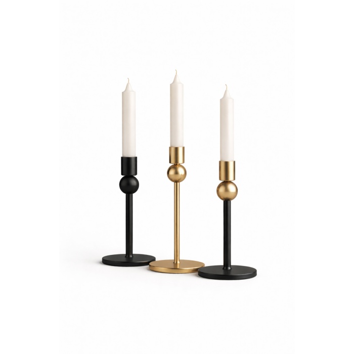 Sphere Stand 3’lü Art Deco Metal Şamdan Seti – Siyah & Gold – Modern Dekoratif Mumluk