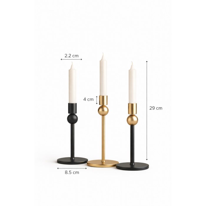 Sphere Stand 3’lü Art Deco Metal Şamdan Seti – Siyah & Gold – Modern Dekoratif Mumluk