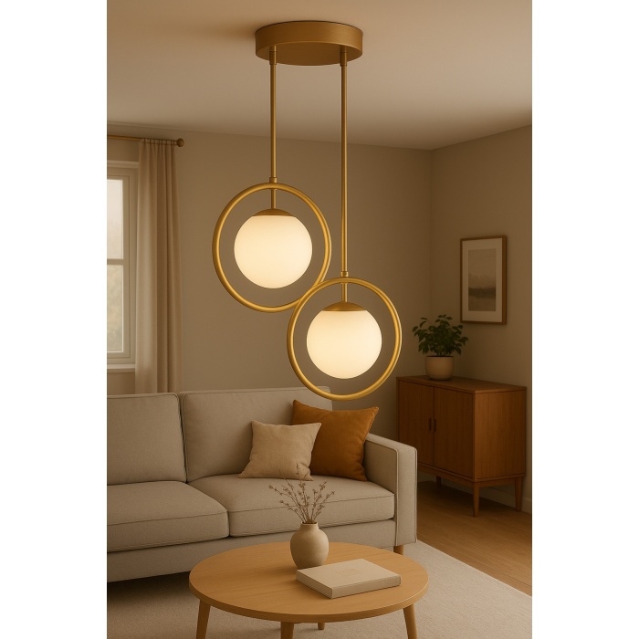 Halo Duo – Eskitme Mat Gold Metal 2’li Cam Sarkıt Avize