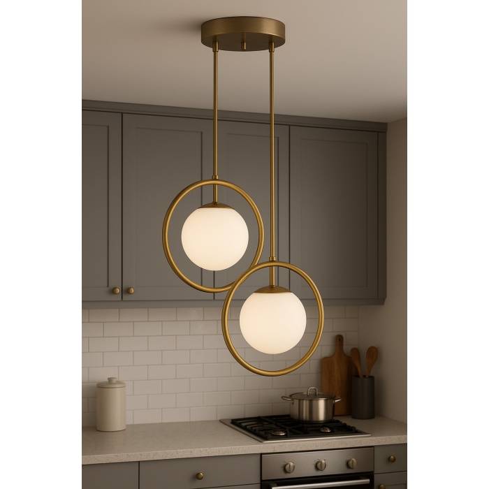 Halo Duo – Eskitme Mat Gold Metal 2’li Cam Sarkıt Avize