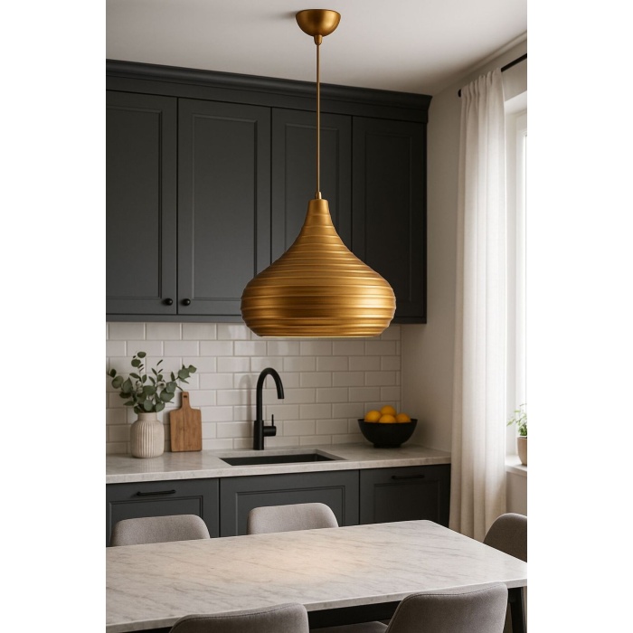 Golden Pear Line Çizgili Altın Sarkıt Avize | Modern Salon, Mutfak, Hol ve Kafe Aydınlatma
