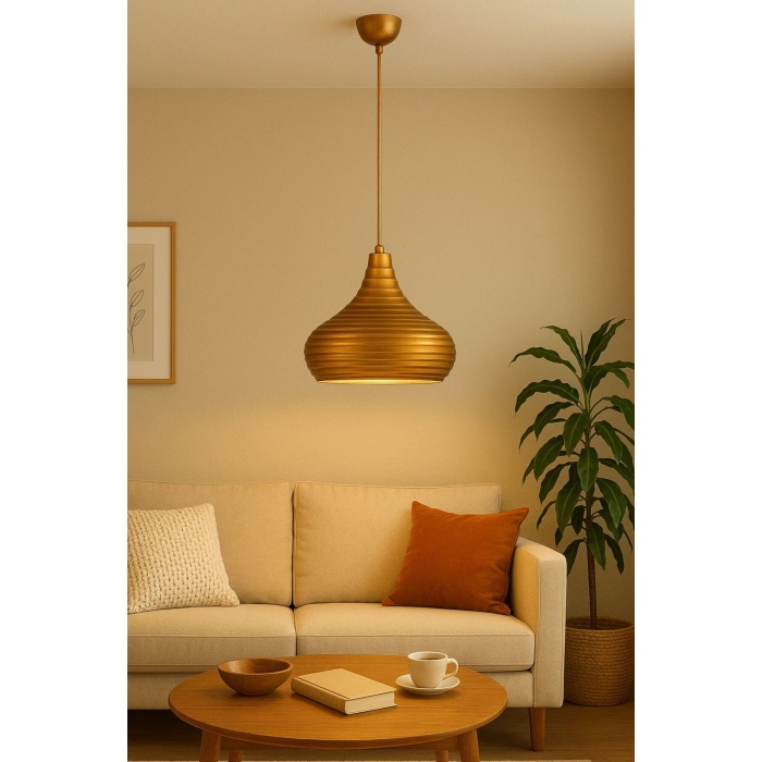 Golden Pear Line Çizgili Altın Sarkıt Avize | Modern Salon, Mutfak, Hol ve Kafe Aydınlatma