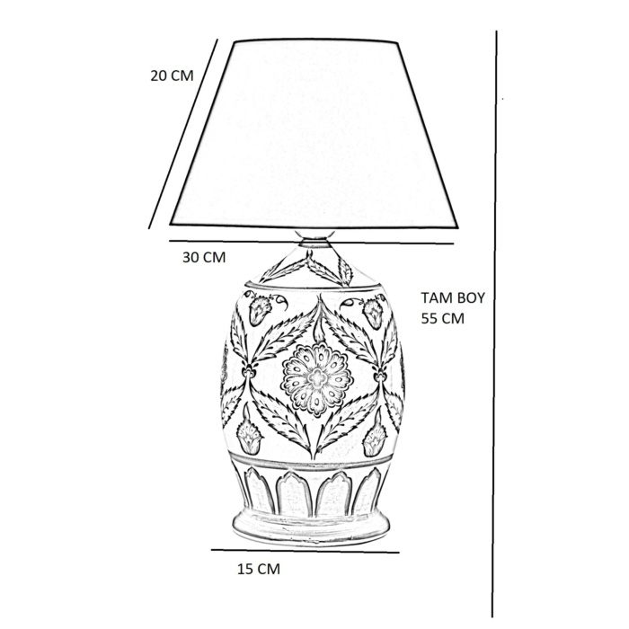 Handmade Ceramic Botanical Özel Tasarım Abajur - Siyah Bordürlü Mataro Vizon